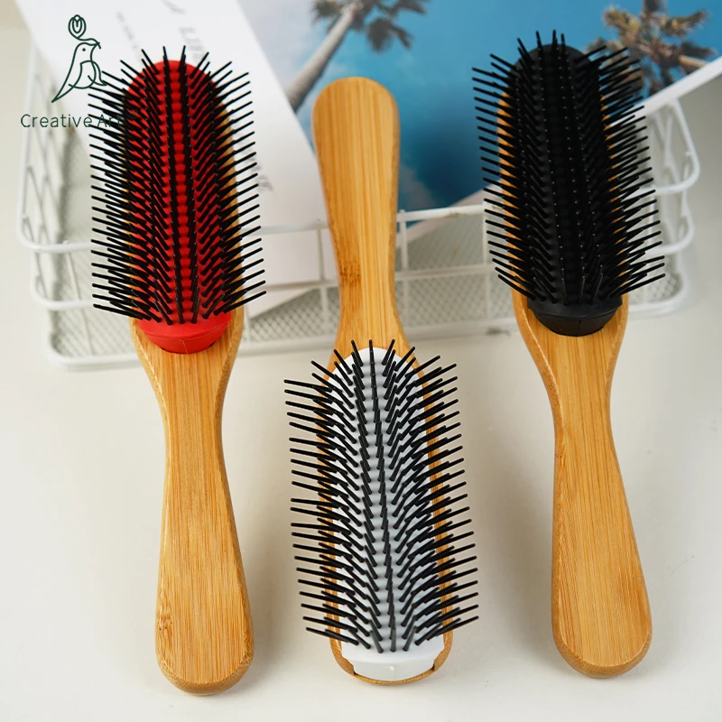 Customized Logo 9 Rows bamboo Nylon Pins Brush Natural Curly Hair Paddle Styling Hair Brush