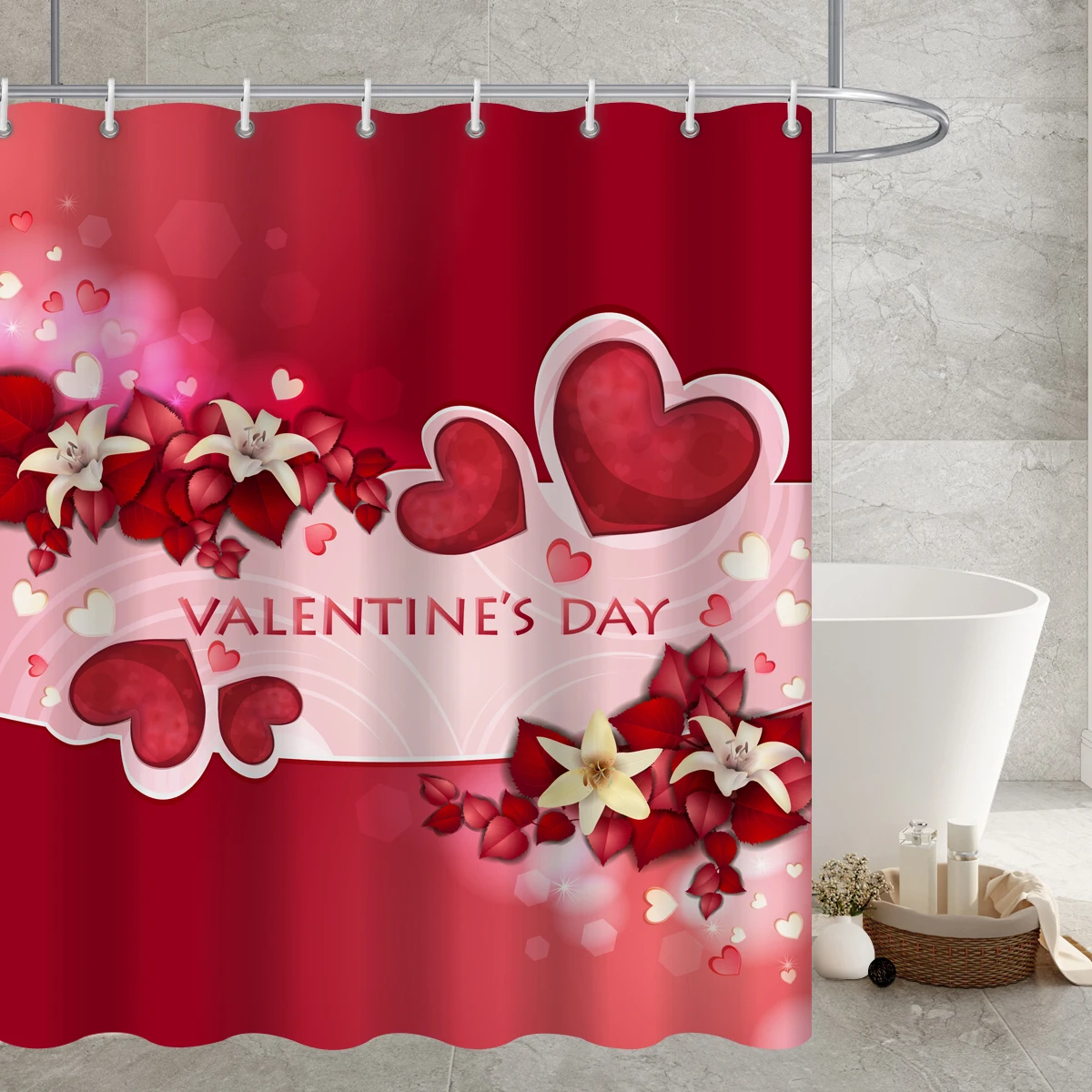 Hearts Shower Curtain, Valentines Day Falling Red Hearts Shower Curtains For Bathroom, Heart Cloth Fabric Bathroom Decor Set