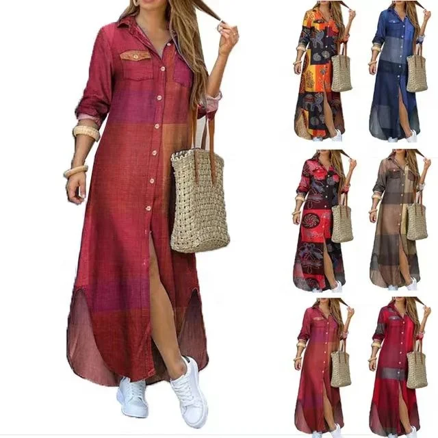 Casual Button-front V Neck Print Single-breasted Printed Split Long Sleeve Loose Shirt Women Maxi Dress Dresses
