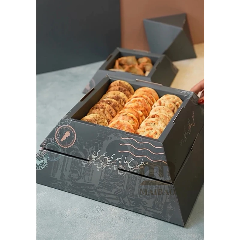 3 layers custom takeout pyramid shape food grade Paper box Catering Packaging Platter bread dessert snack pyramidal grazing box