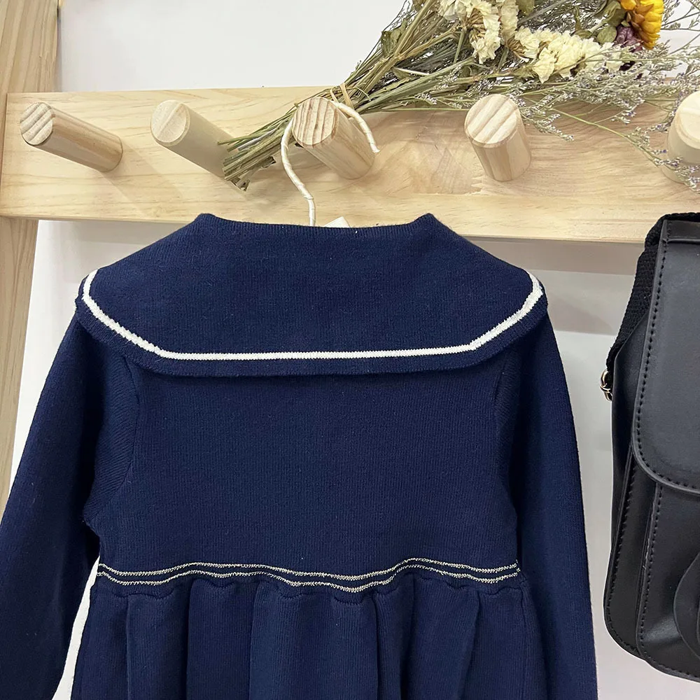 Autumn baby girl children knitted dress navy collar girl's academy style pleated dress