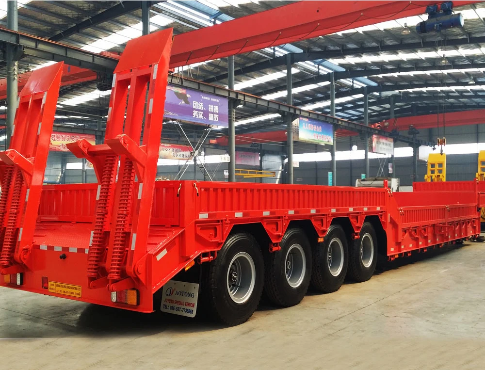 Direct selling 80tons tri-axle heavy objects transporter low bed semi trailer low flatbed truck trailers detachable gooseneck