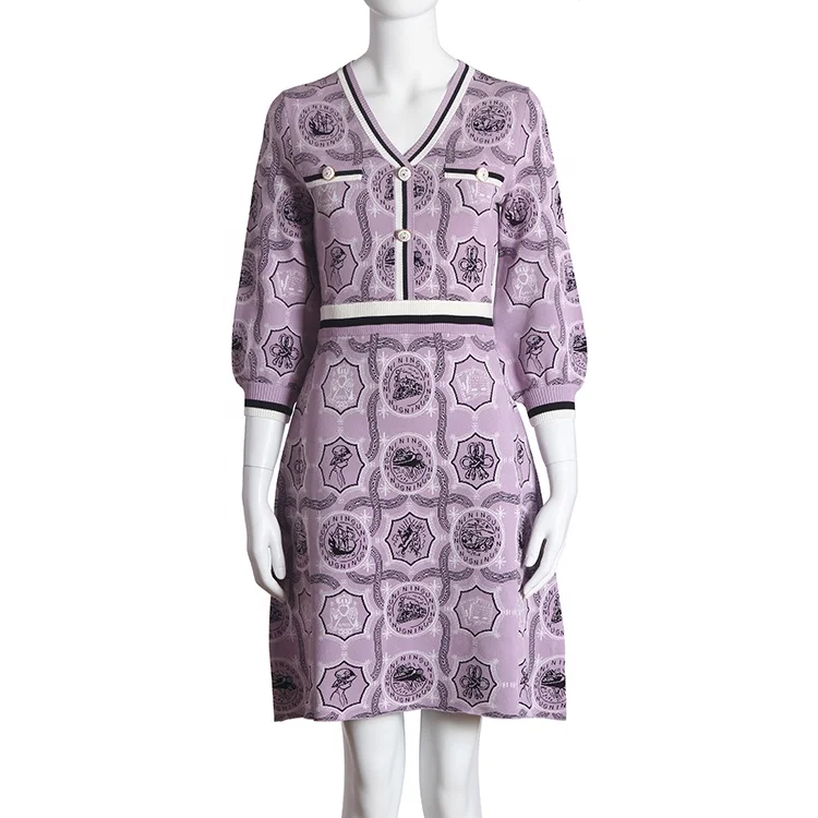 Chinese manufacturers Pink V-neck short-sleeved geometric pattern dress