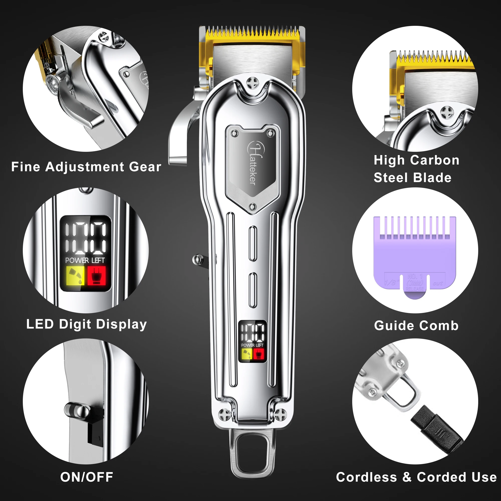 Hatteker All Metally Hair Clippers Professional Hair Trimmer Rechargeable Haircut Machine