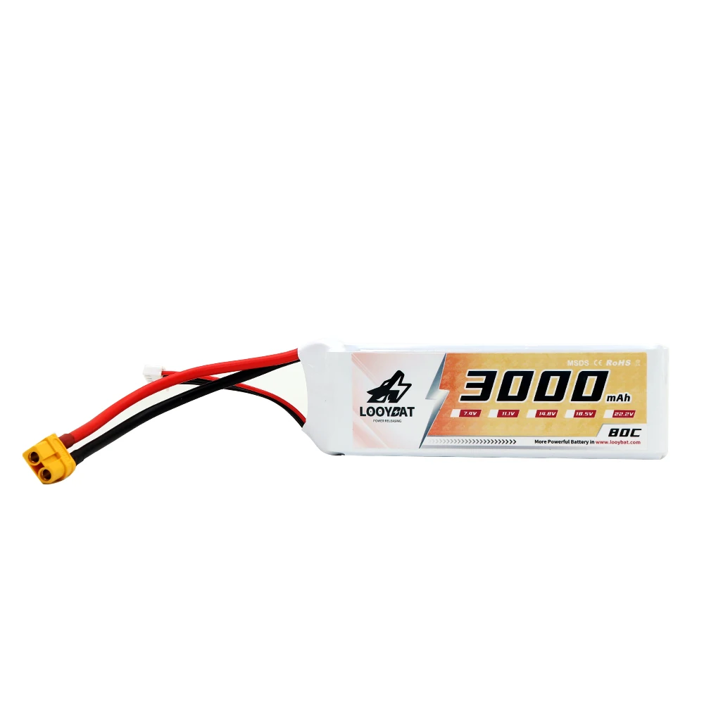 LOOYBAT Factory 3.7V LCO Lipo Battery Cell 80C High Discharge 7.4V 14.8V 2S 4S 3000mAh Rechargeable Lithium Polymer Battery Pack