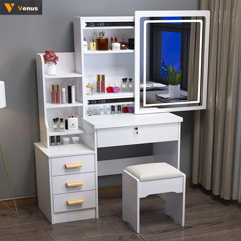 Durable Modern Light Up European Drawers Storage Dressers Nordic White Vanity Makeup Dressing Table With Mirror Lock And Stool