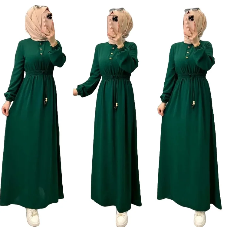 New factory price Muslim long dress elegant slim waist long sleeve skirt with belt palestinian abaya