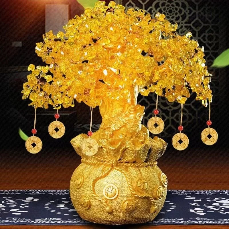 Sale Feng Shui Citrine/Yellow Crytal Money Tree with Chinese Dragon Pots Crystal Ornament Jewelry for Home Living Room