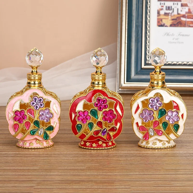 12ml Patented Plum Blossom Flower Jewelry Stones Metal Perfume Bottle Glass Essential 0il Bottle Refillable Attar Bottles#12101