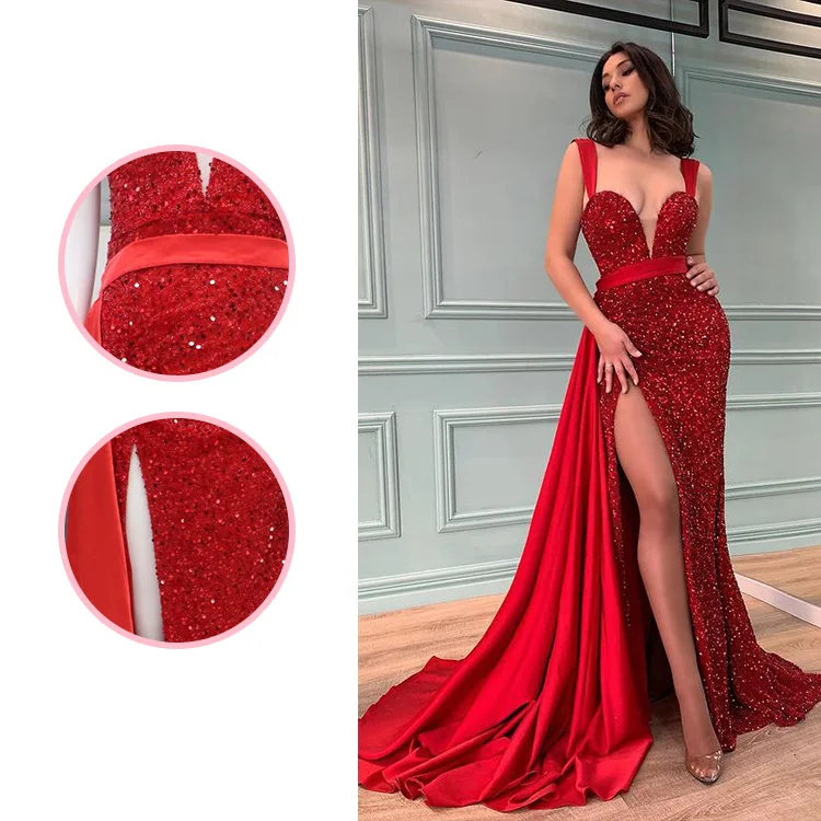 Split Red Sexy Long Temperament Trailing Sequin Evening Dress one shoulder bandage dress