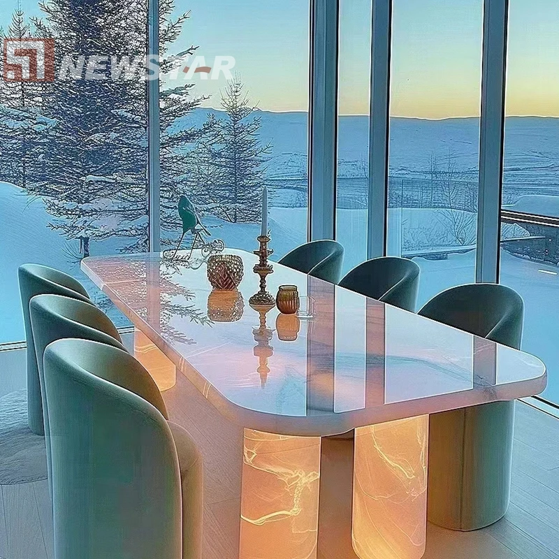 Modern Designer Dining Table Set in Pink Onyx Top Natural Marble for Home Furniture Villa Hotel Apartment