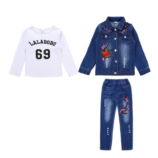SE3188 4-12 years big girl clothing fashion and comfortable jeans jacket 3pcs set denim jacket+jeans+shirt set