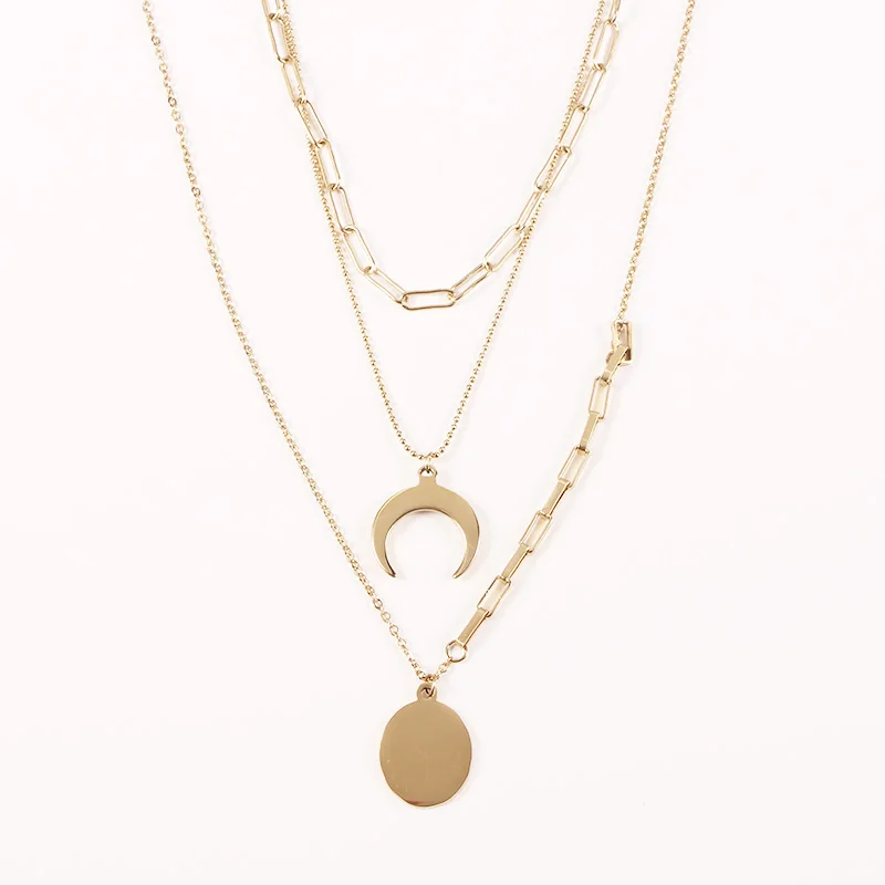 14K Gold Plated Stainless Steel 3 Layered Hypoallergenic Moon Necklace for Women