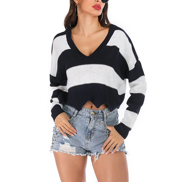 
Ladies V neck stripe crochet stylish long sleeve women knit sweaters 