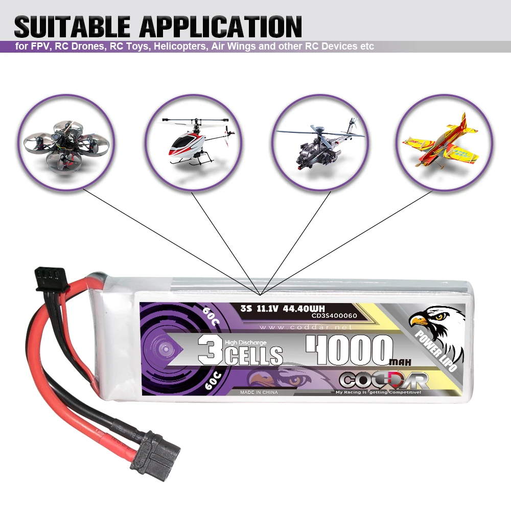 CODDAR RC LiPo Battery 3S 4000MAH 11.1V 60C 120C XT60 FPV Drone EDF Jets Truck Airplane Helicopter MultiCopter Boat RC Hobby