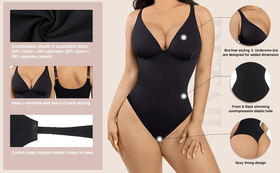 Online Fashion Plunge V-Neck One-Piece Bodyshapers For Women Tummy Control Black Bodyshapers For Women Shapewear
