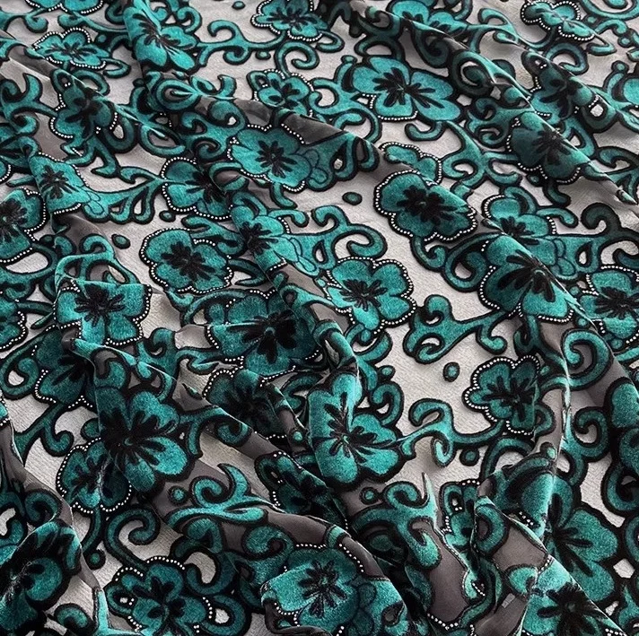 Pure mulberry silk 10mm basic ground rayon viscose burn-out velvet fabric 50g with rivets decoration for ladies nice dress,qipao