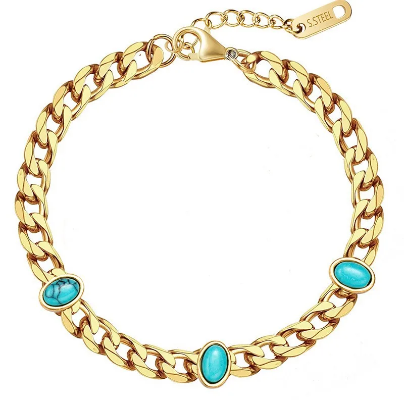 Stainless Steel Natural Stone Charm Bracelets Turquoise Pendant non fading 18 K gold versatile folding bracelet for women