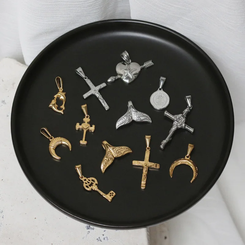 Золотое ожерелье Plating18k из титановой стали в Западном ретро-стиле с монетами, хвостом русалки, Китом, полумесяцем, крестом, одиночная подвеска