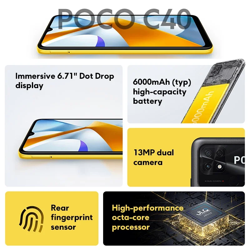 Original POCO C40 Mobile Phone Global Version 32GB/64GB ROM Octa Core CPU 18W Fast Charging 6000mAh Battery 13MP Main Camera