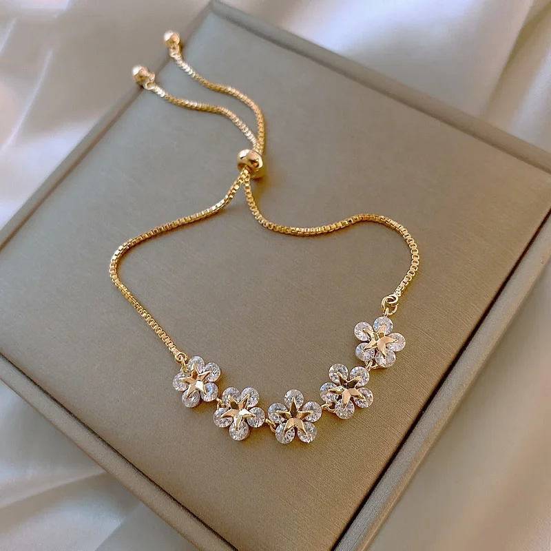 Fashion Gold Cherry Blossom Bracelet Colorful Diamond Pentagram Bracelet for Women Birthday Party Graduation Prom Jewelry Gift