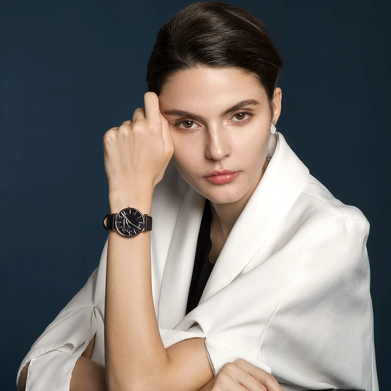 Branded Black Marble genuine leather strap lady fashion watch for ladies