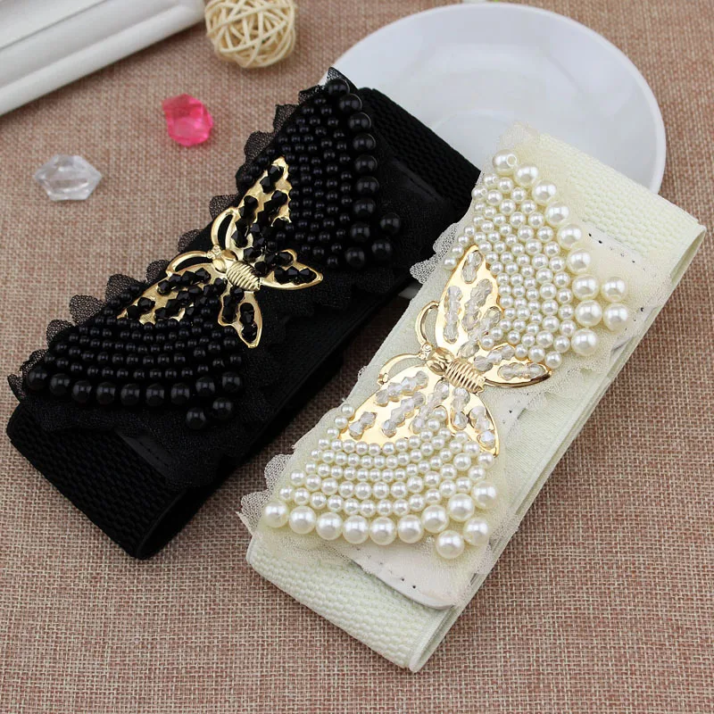 Pearl Embossed Butterfly Belt for Dress Decoration 6CM Wide Black Beige Corset Belt Lady