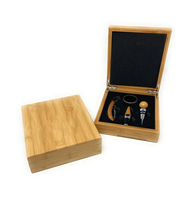Wholesale 4 Pcs  bamboo box bamboo bottle wine kit wine accessories set bamboo wood corkscrew wine opener for gift
