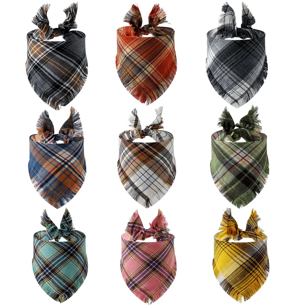 Custom Dog Bandana Tassel Plaid Pet Dog Cat Bandanas Washable Puppy Dog Neck Wear Scarf with logo