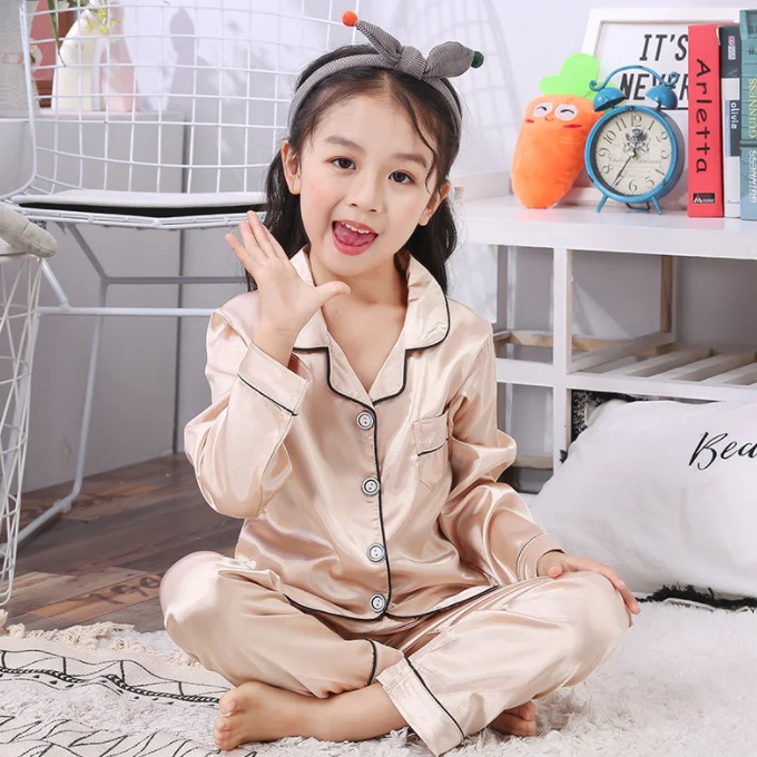 
SE3626 High quality Satin Pajamas Little Girls Boys Classic Silk night Sleepwear Clothes Short Sleeve Sets 