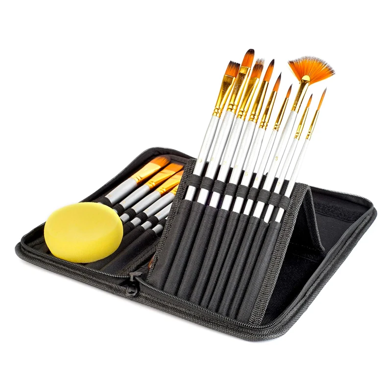 15 pcs Artist Paint Brush Set With Carrying Black Case Palette Knife Sponge for Watercolor Brush Oil Acrylic Drawing Painting