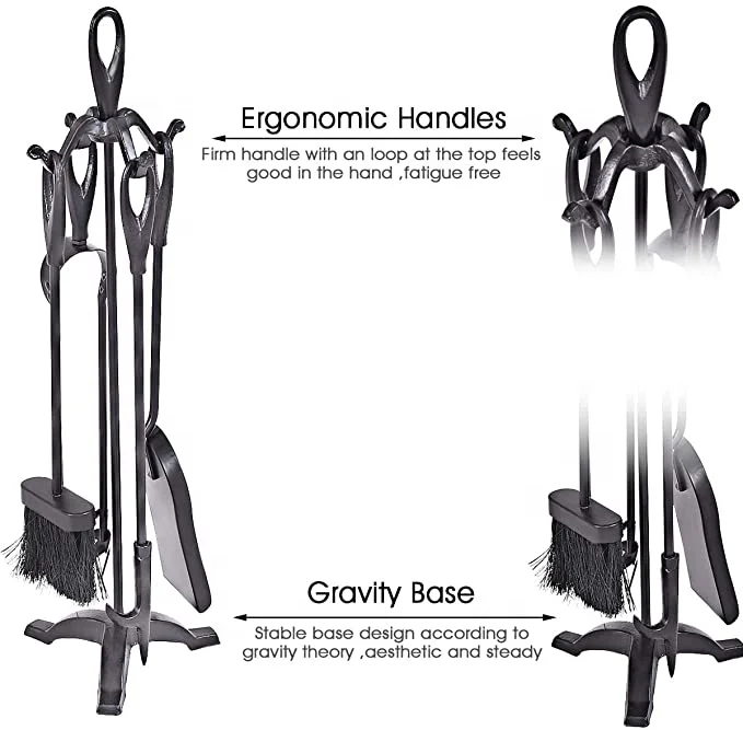 5 Pieces Useful Decorative Poker Brush Tongs and Shovel Arched Fireplace Tool Set