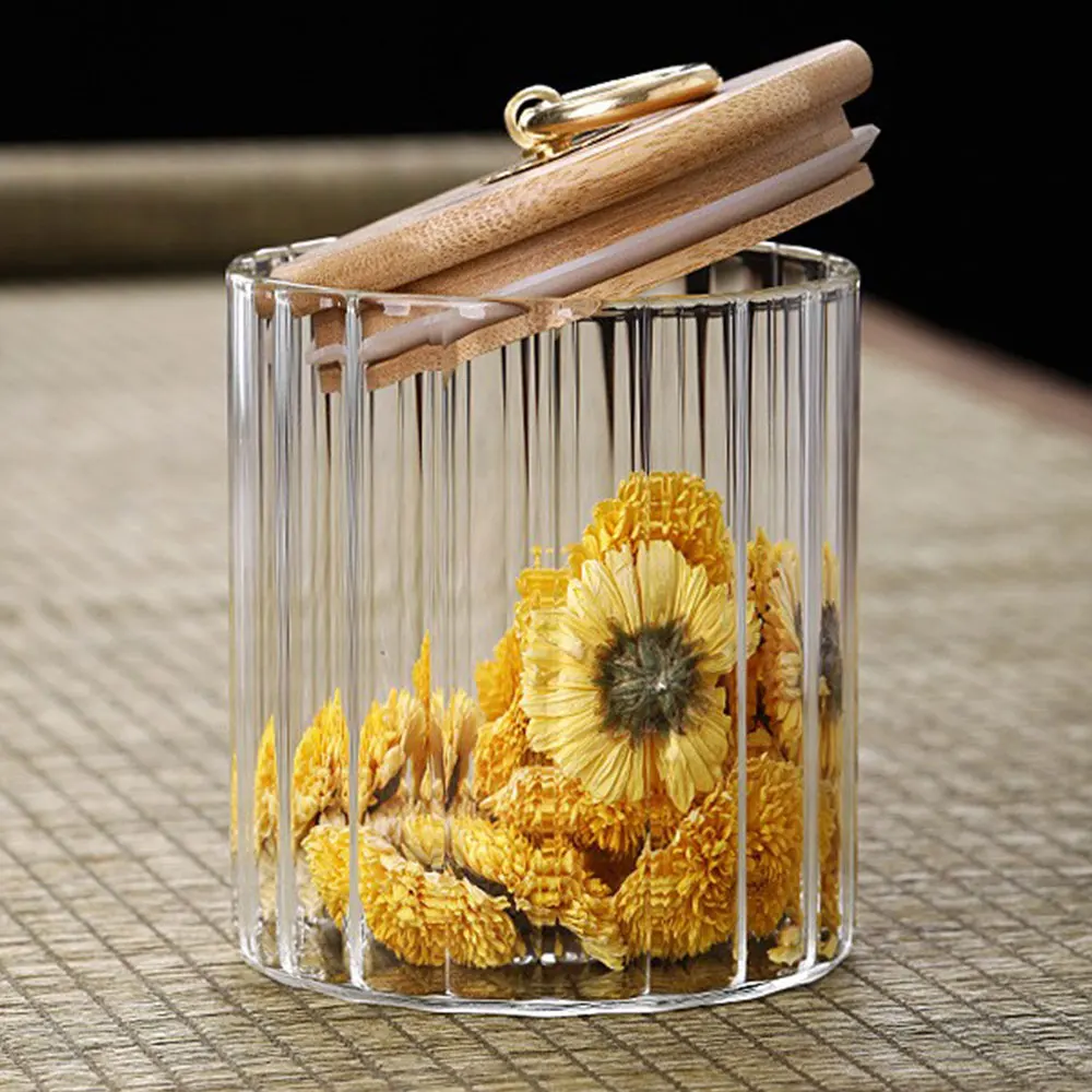Vertical Grain High Borosilicate Glass Storage Jar with Bamboo Lid and Copper Ring Handle Glass Container Jar