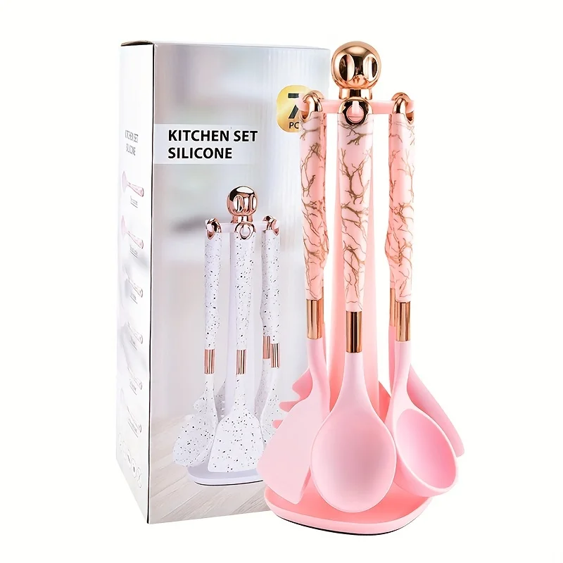 7pcs Cooking Silicone Kitchen Tool Set With Non-stick Pan Shovel Spoon Rotating Seat Storage Rack