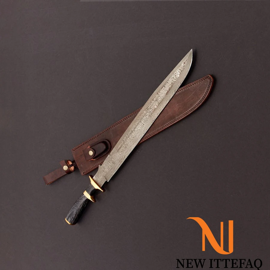 
NEW ITTEFAQ | Custom handmade Damascus steel out door big hunting knife with custom leather sheath 