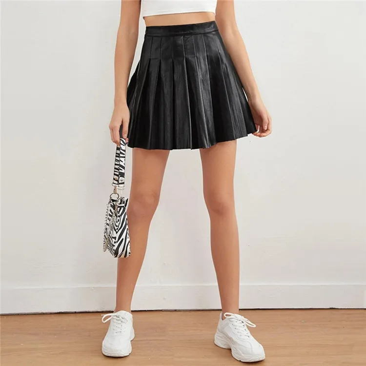 Summer Elegant Style Casual High Waist Leather Skirt Pu