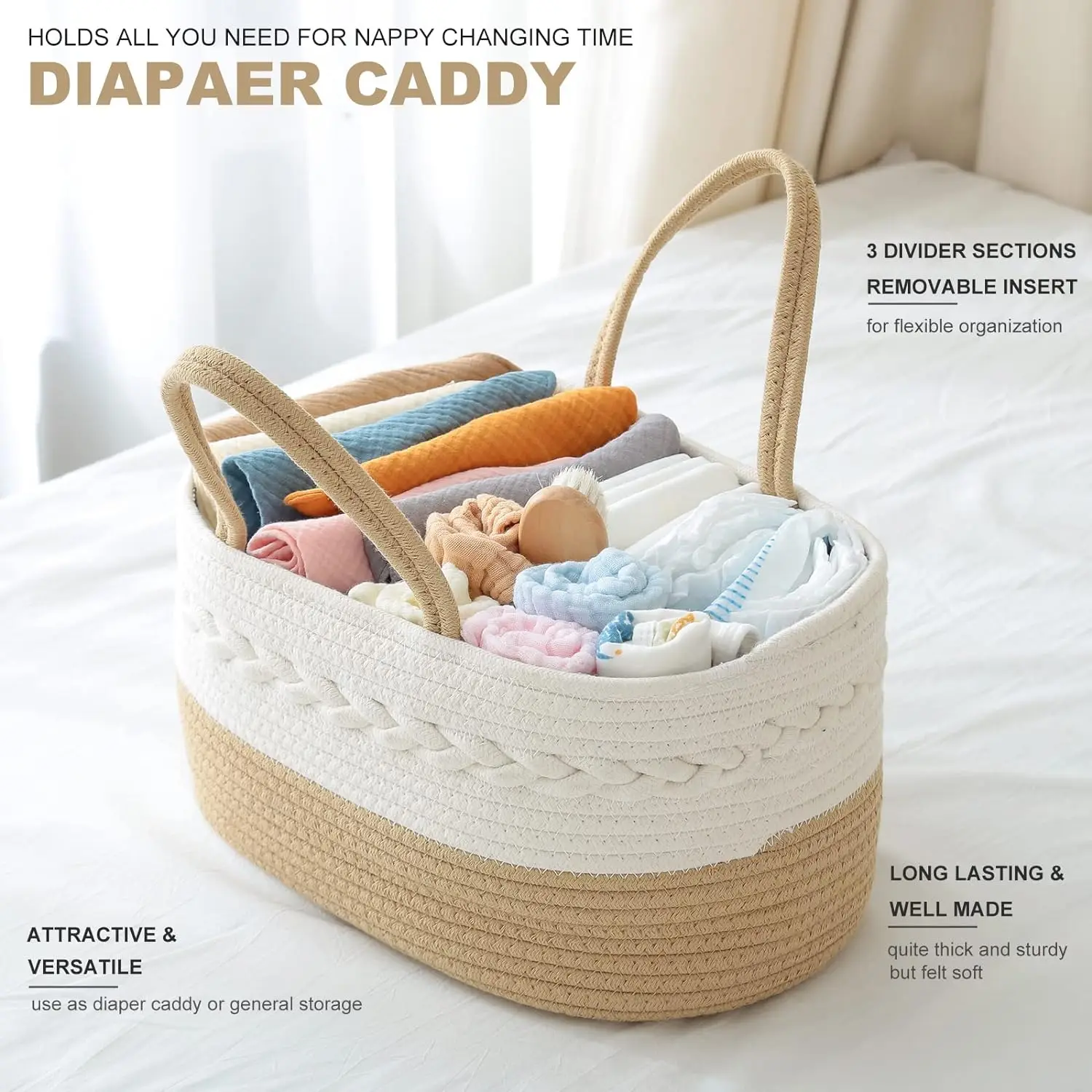 Rope Woven Nursery Storage Basket with Adjustable Divider ,Baby Diaper Caddy Organizer, Portable Car Travel Diapers Organizer