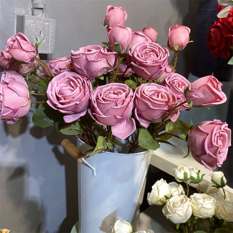 2024 Hot selling silk roses bunch pink artificial long stem flowers bulk rose bouquets with 3 heads for home decor