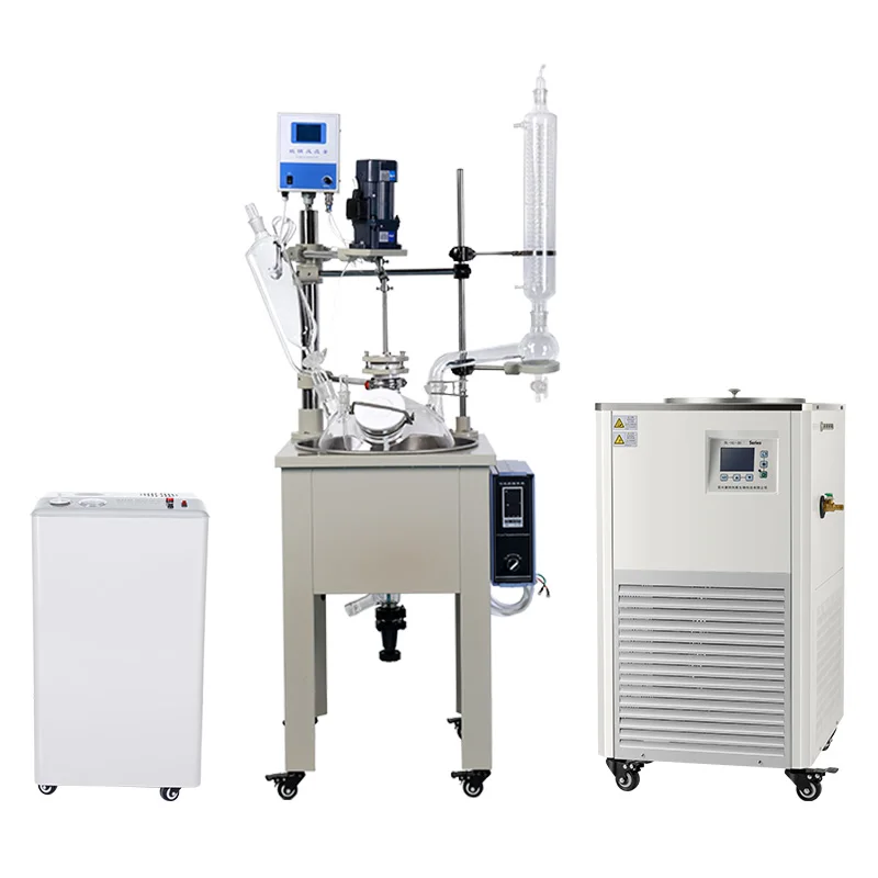 Pilot Industrial Thermal Water Oil Bath Mixing Tank 30Liter Single Layer Glass Reactor With Cooling Water Circulation Pump