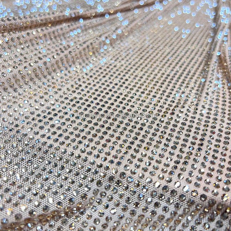 F001 Hot Selling Reasonable Price Crystal Lace Fabric with Rhinestone for Crystal Diamond Luxury Dress
