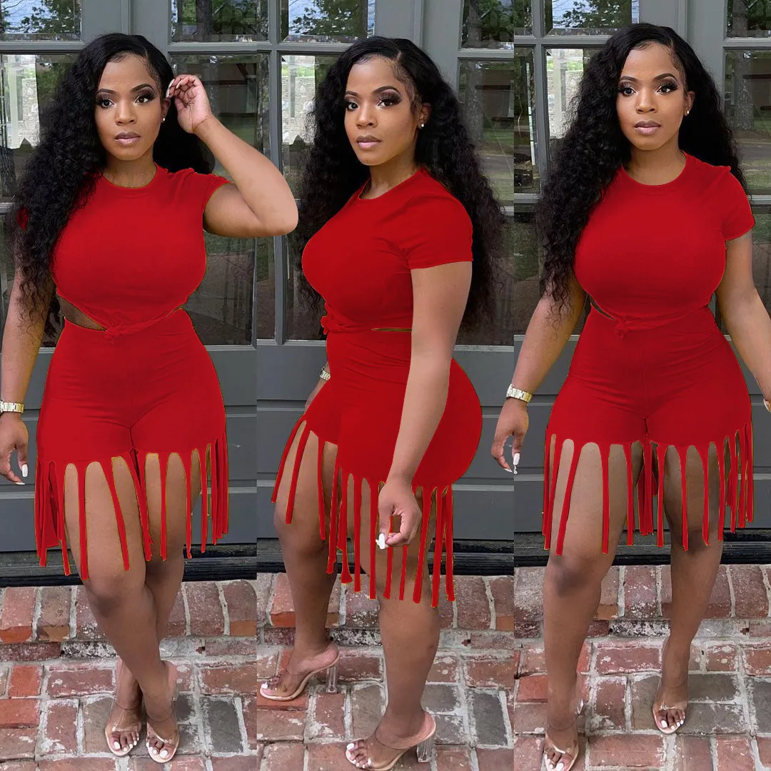 
QC-S390115 2021 new arrivals summer set women two piece shorts and crop top solid breathable long tassels biker short set women 