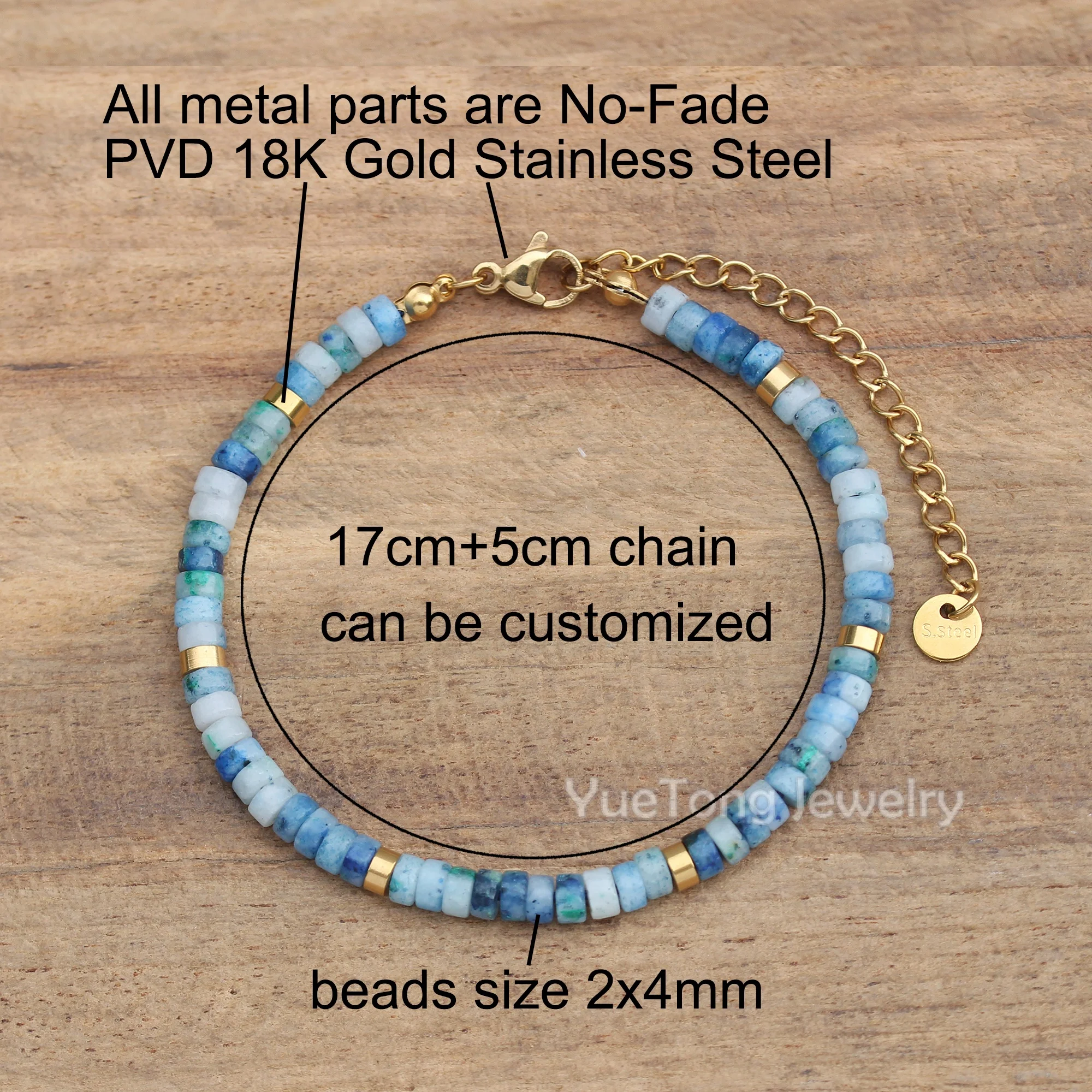 18k Gold PVD Stainless Steel 2x4mm Natural Stone Beads Dainty Bracelet Women Clasp Chain Adjustable Healing Bracelet Wholesale