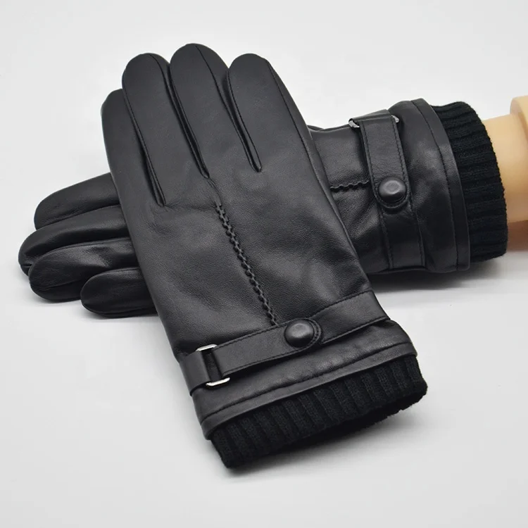Custom Lambskin Black Leather Gloves Winter Keep Warm Fashion Leather Gloves Men