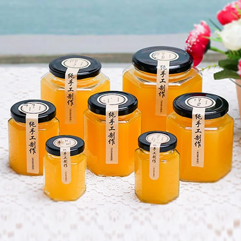 Hot Selling 100ml 180ml 280ml 380ml Thickened Iron Lid Hexagonal Transparent Glass Honey Bottle