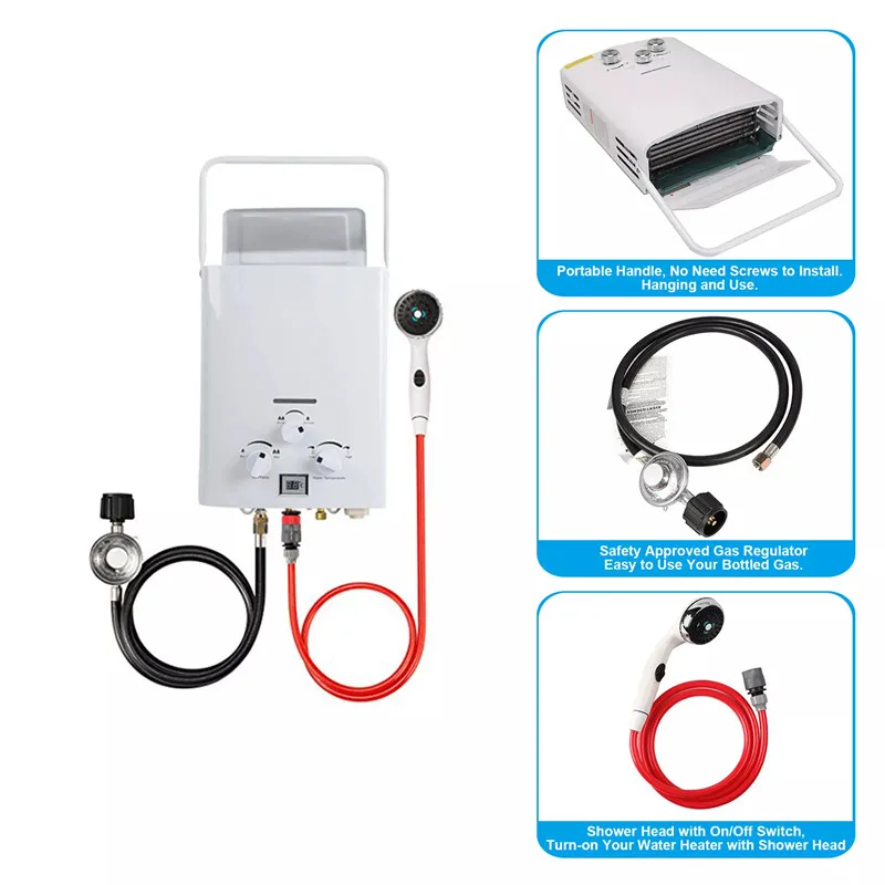 TOOFLO camping water heater 1.32 GPM /6 LPM  camping equipment interior outside shower from rv camper