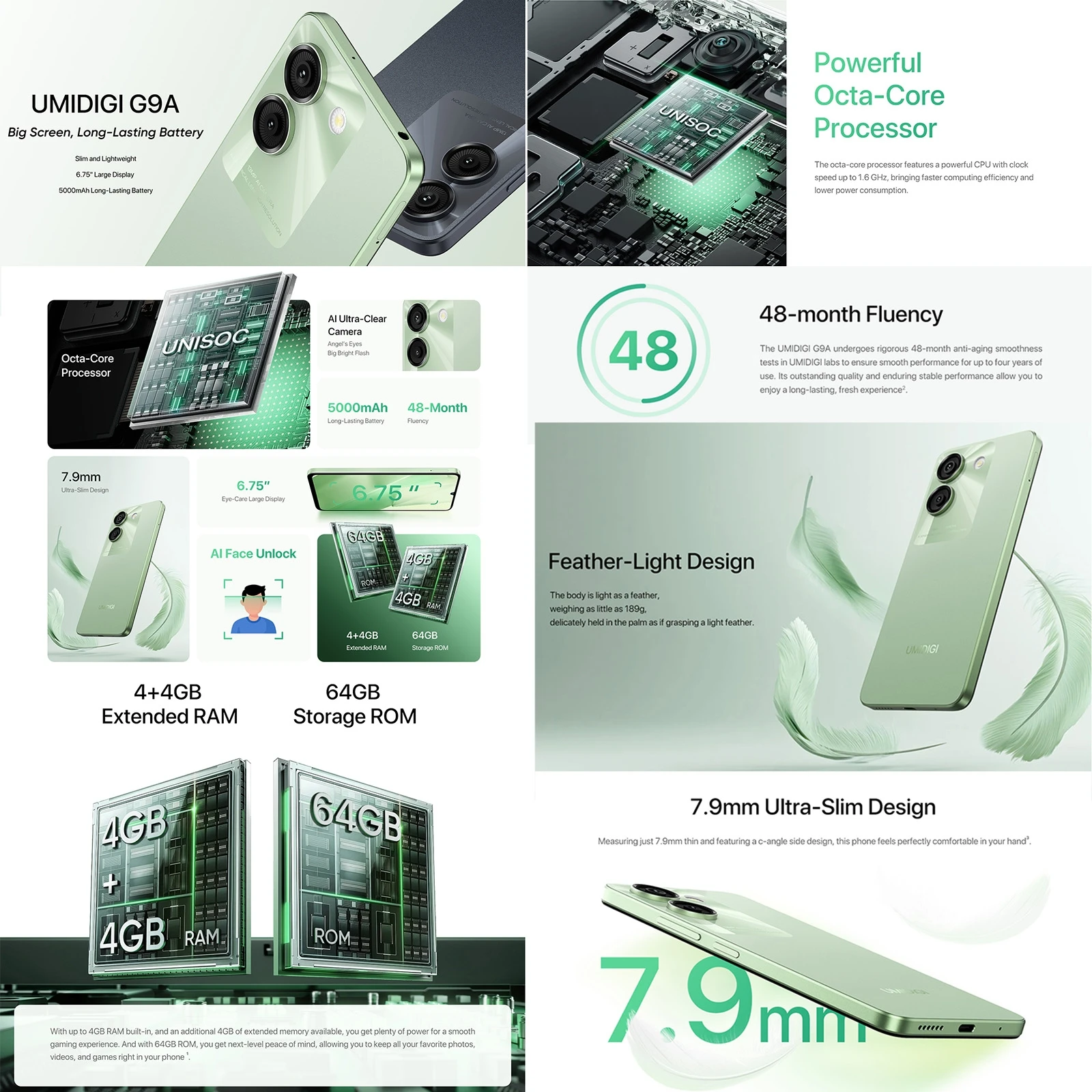 Wholesale original global version UMIDIGI G9A 4GB+64GB facial recognition 6.75-inch Android 14 phone 5000mAh 4G mobile phones