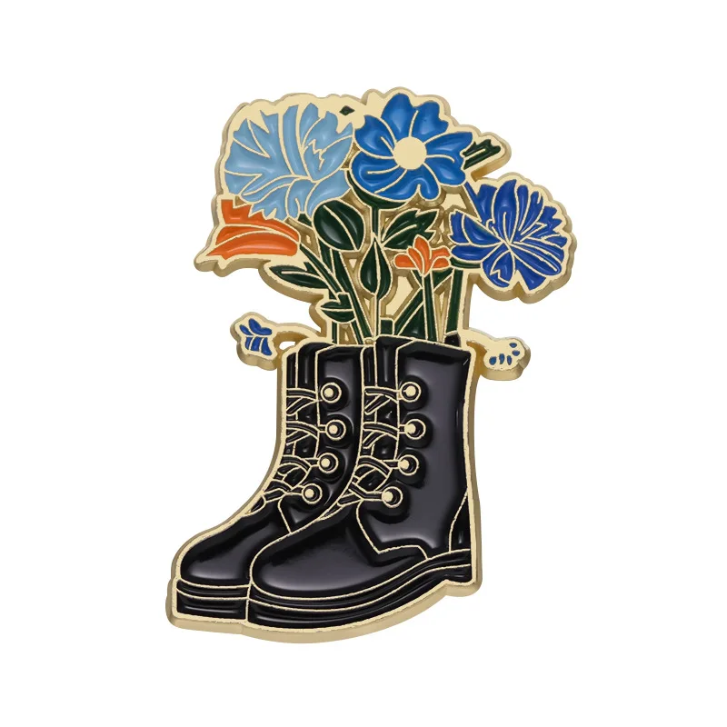 Black leather Boots Metal Brooch Creative Blue Flower Shoes Commemorative Medal collar Pin Corsage Clothing Accessory brooch