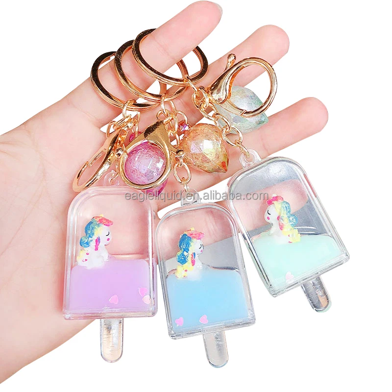 Kawaii Small Ornament Popular Items Cartoon Ice Cream Cute Keychain Floating Liquid Unicorn Keychain