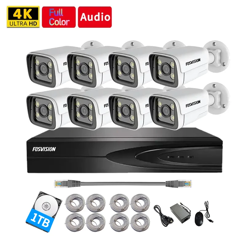 Fosvision Hd Video 8mp Ip Poe Camera System 8ch Poe Nvr Camera Kit Set 8 Channel Nvr Home Security Cctv System 1HDD