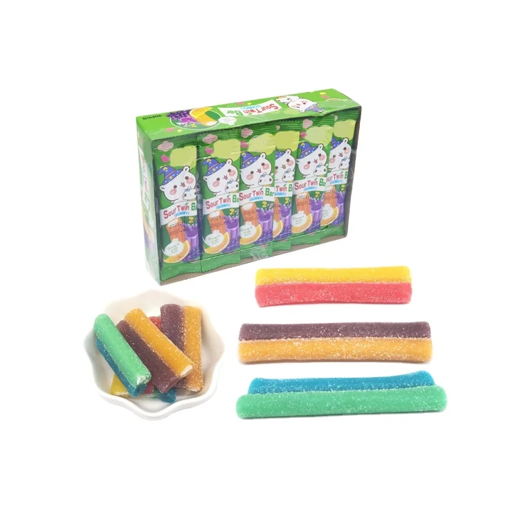 Halal Candy Mix Fruity Sour Belts Twin Bar Gummy Candy For Wholesale